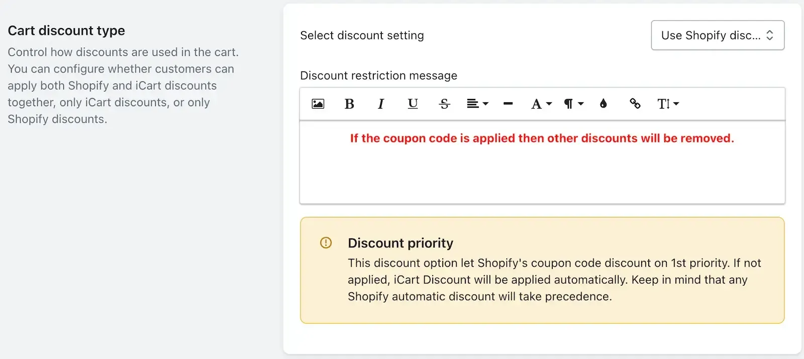 Discount type - Use Shopify discount only when added