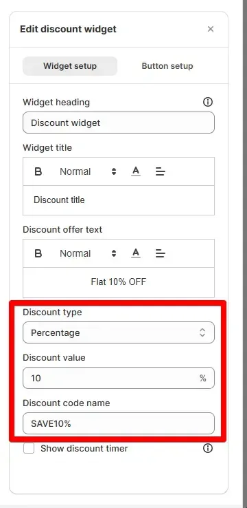 Discount code configuration settings