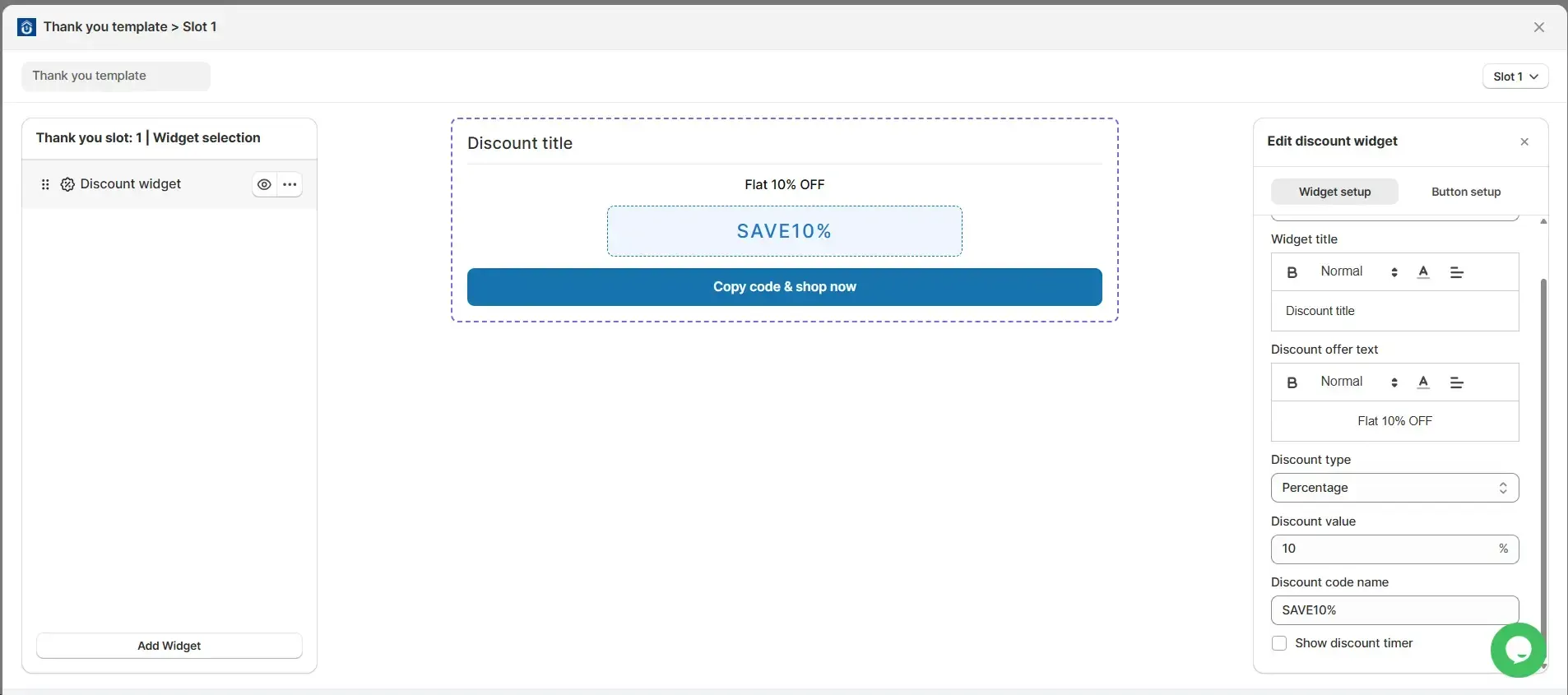Discount Widget setup screen in SellMore