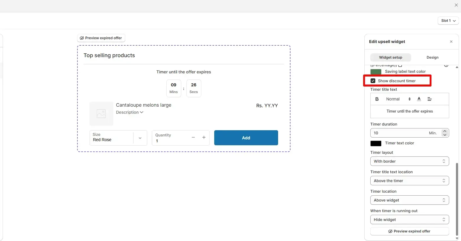 Enable Discount Timer toggle in SellMore