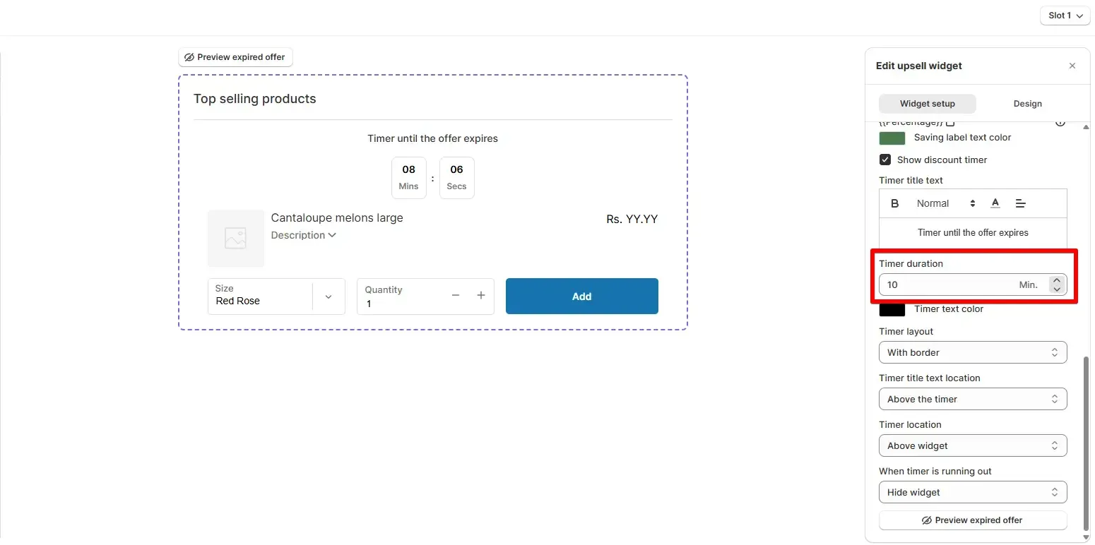 Timer duration options in SellMore