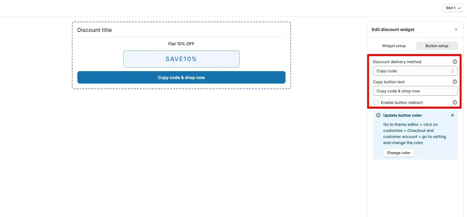 Copy discount code field in the widget