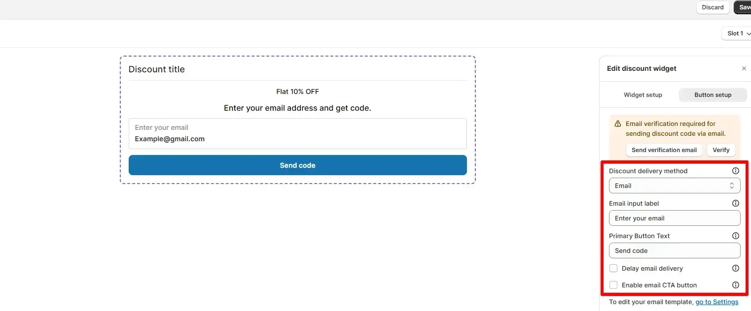Email discount code option settings