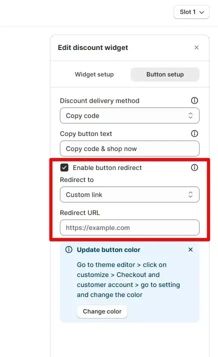 Redirect URL button setting